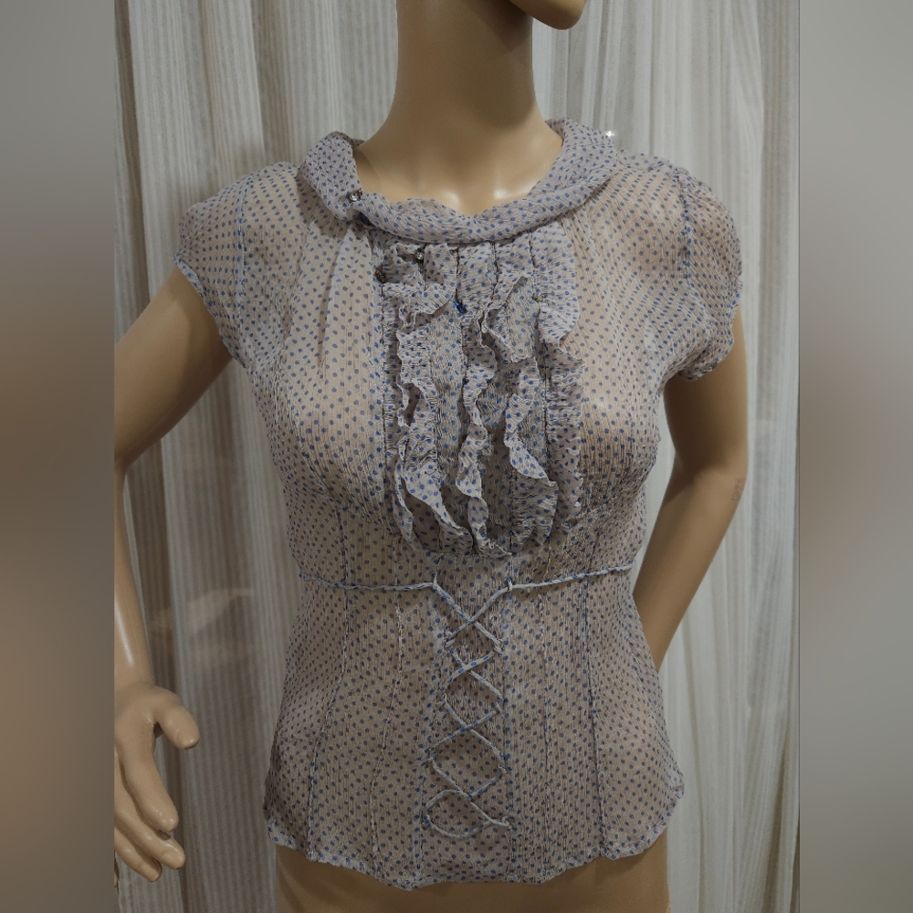 Pretty Pale Lavender(Lilac) Silk Rhinestones Beaded Polka Dot Translucent Blouse